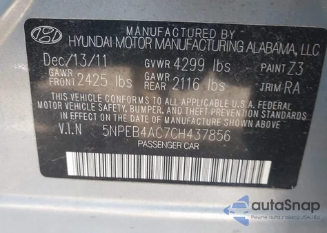 2012 Hyundai Sonata Gls z USA, uszkodzony, nr VIN 5NPEB4AC7CH437856